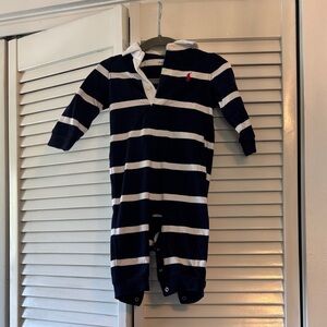 Ralph Lauren Navy & White Striped Polo Footie with Red Pony